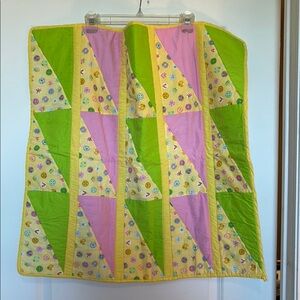 EUC baby blanket yellow with pink and green 28 inches square